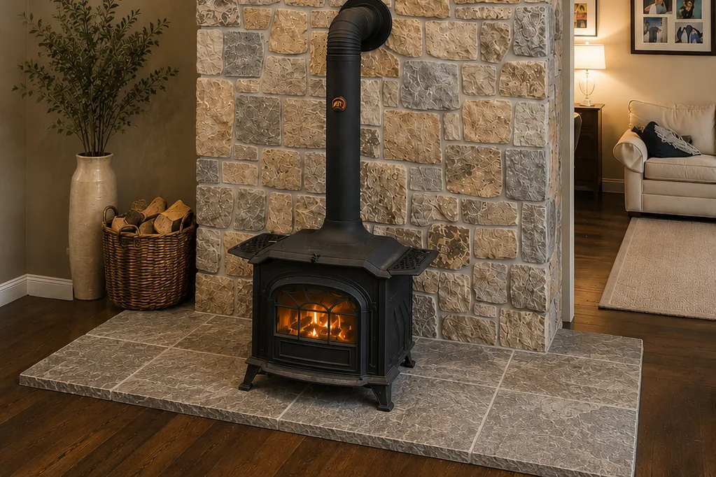 After — natural stone veneer wall and hearth