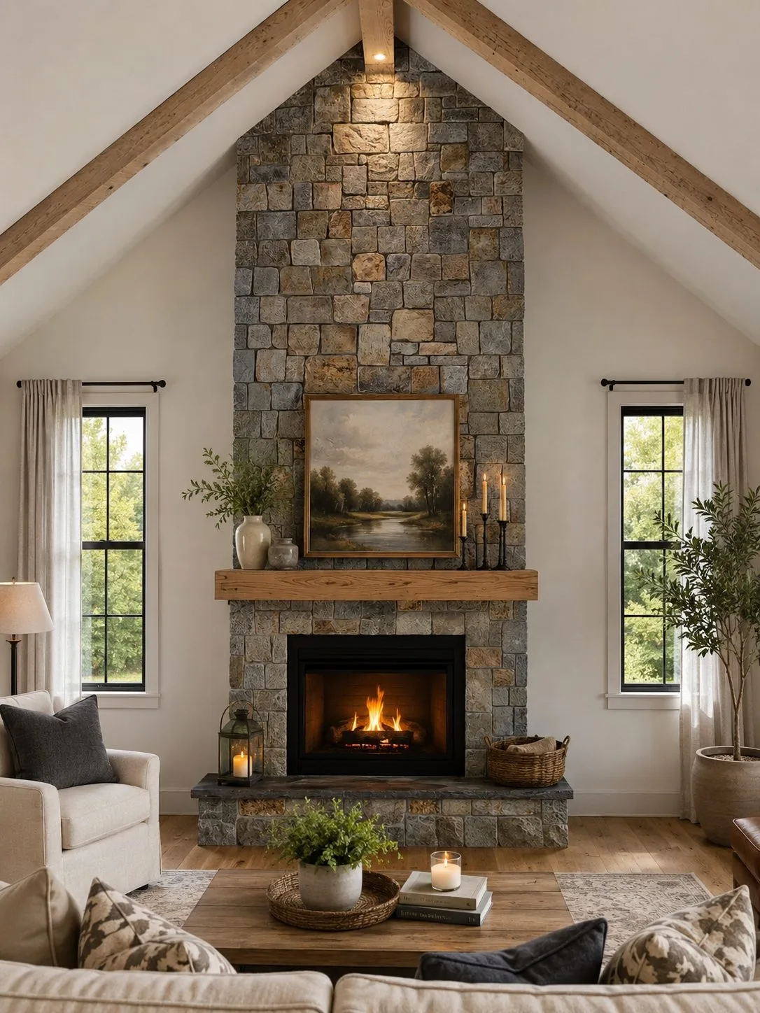 Finished natural stone fireplace with wood mantel