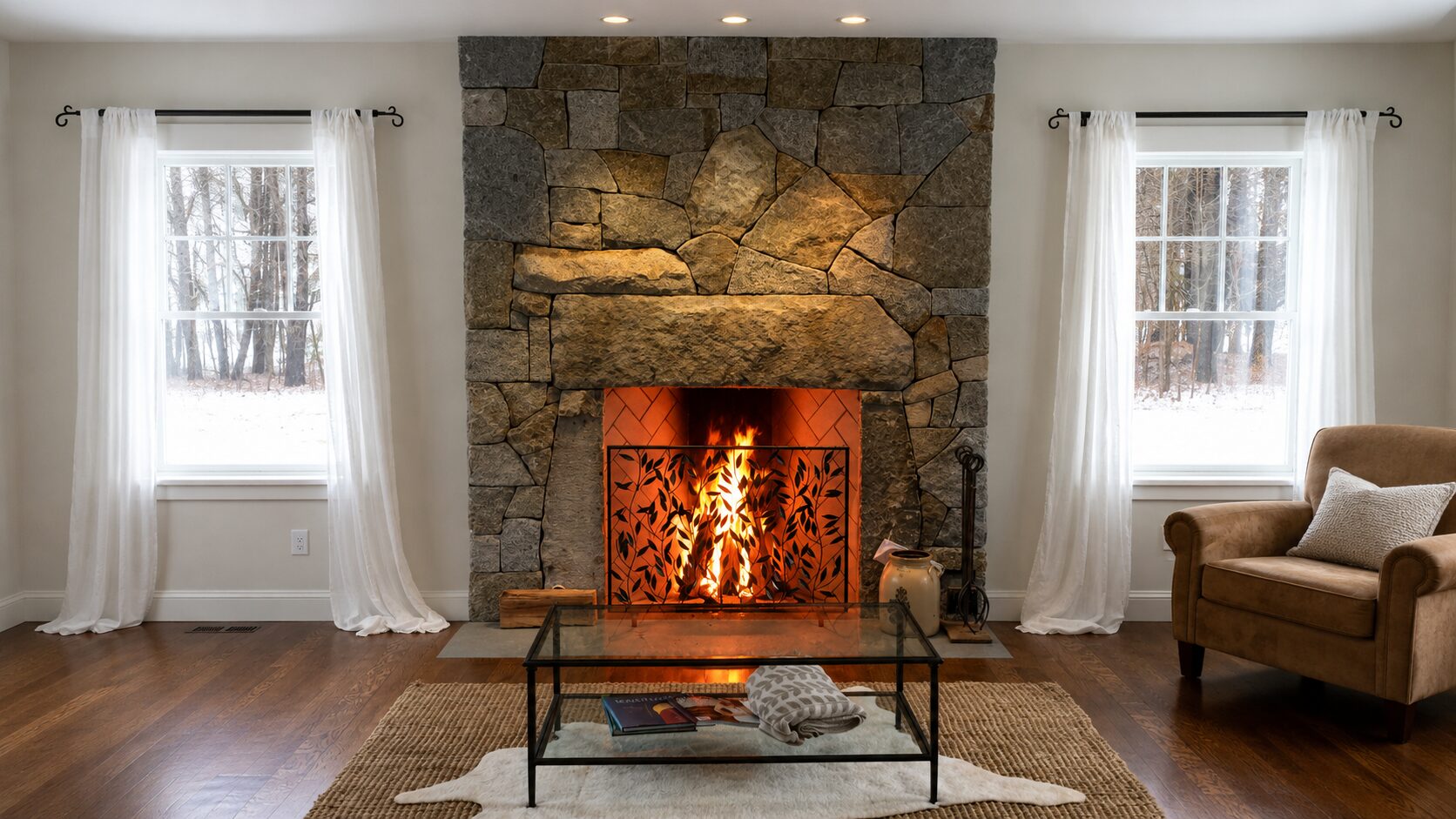 Stone Rumford fireplace with a lit fire in a Central Massachusetts home