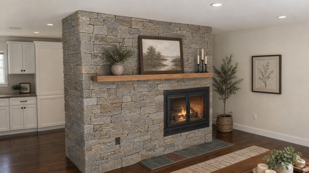 Completed stone fireplace makeover in a Wayland, Massachusetts home